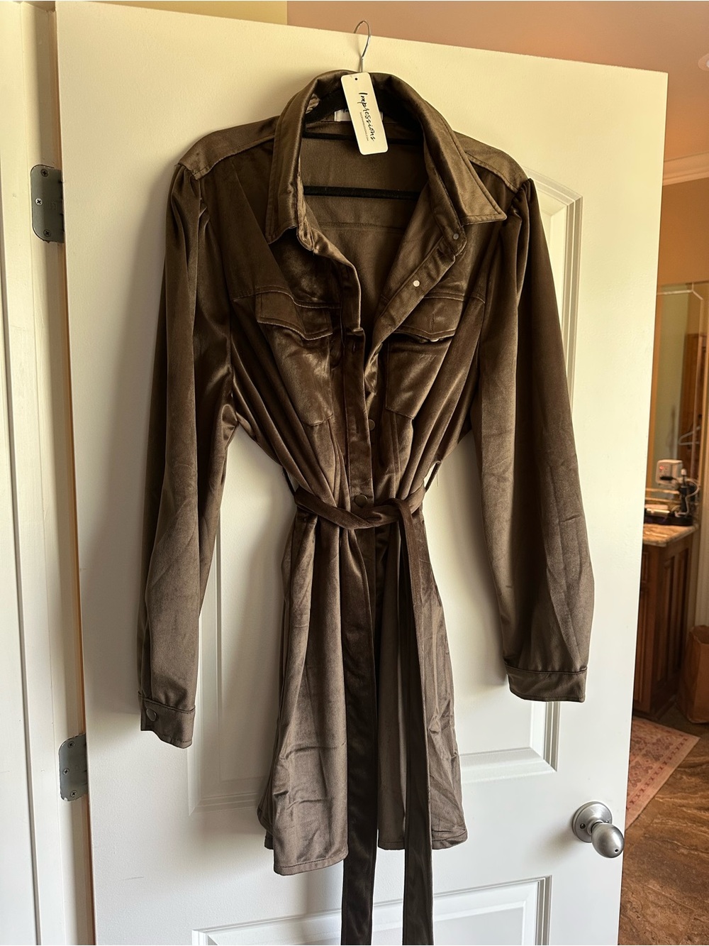 Women’s Brown Velvet Trench Coat with Tie Belt
